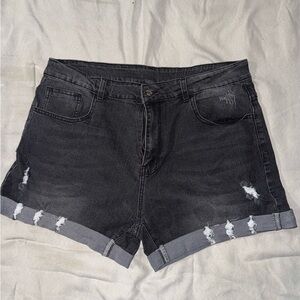 Distressed Black Denim Shorts